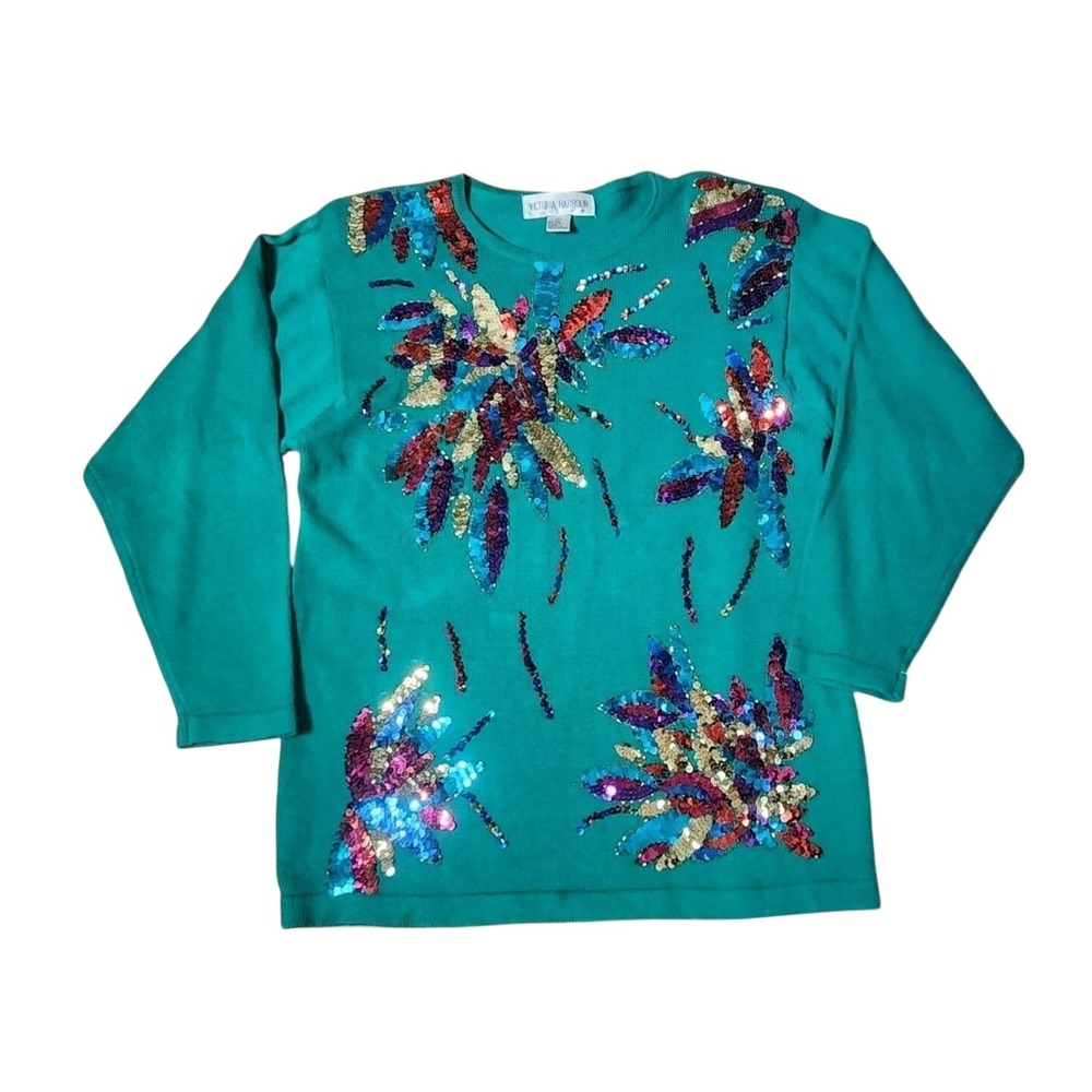Vintage Victoria Harbour Sequin Sweater Green Floral Long Sleeve Crew Pullover L